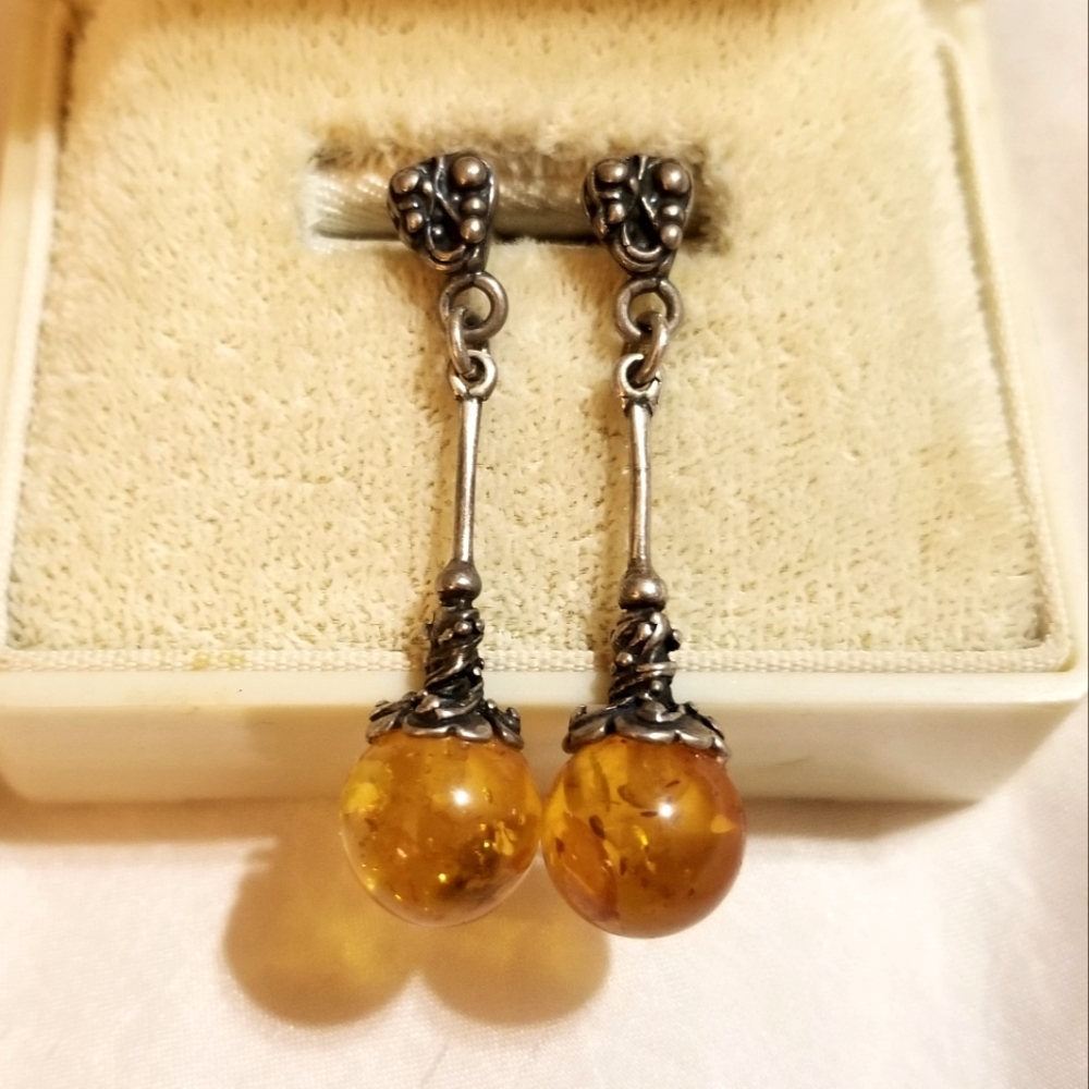 Sterling Amber Earrings Circa 1910-Etruscan